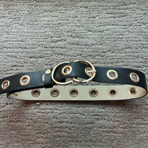 Vince Camuto Black Leather Belt with Gold Grommet Detailing
